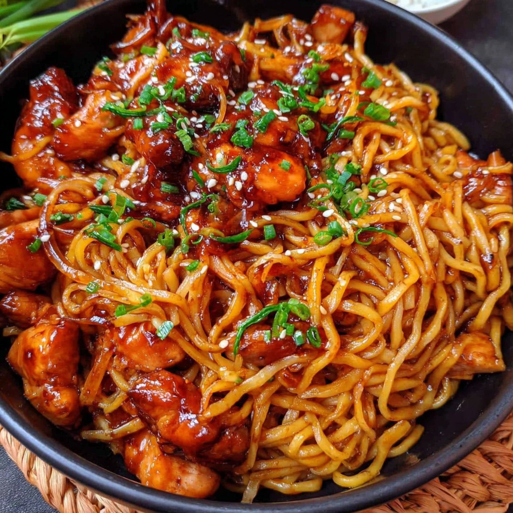 A bowl of noodles with chicken and garlic sauce.
