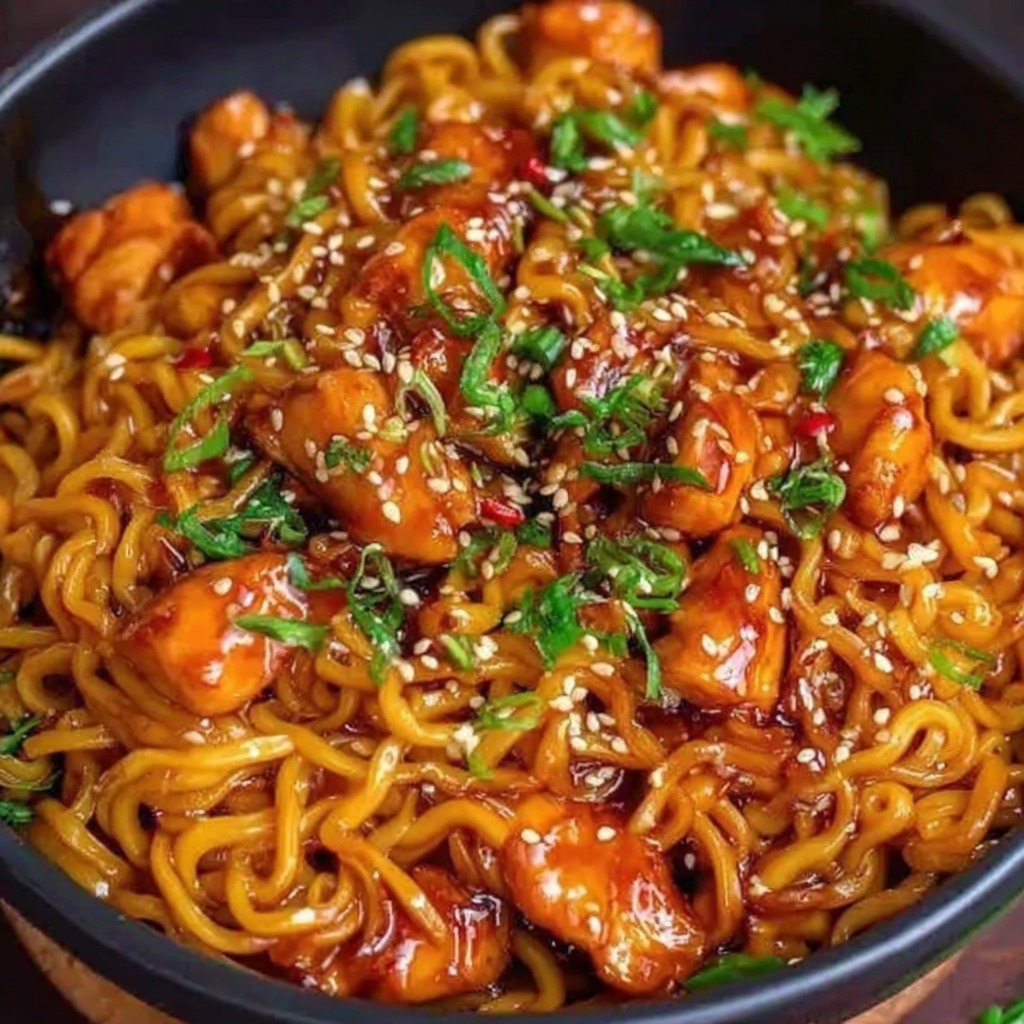 A bowl of noodles with chicken and sauce.