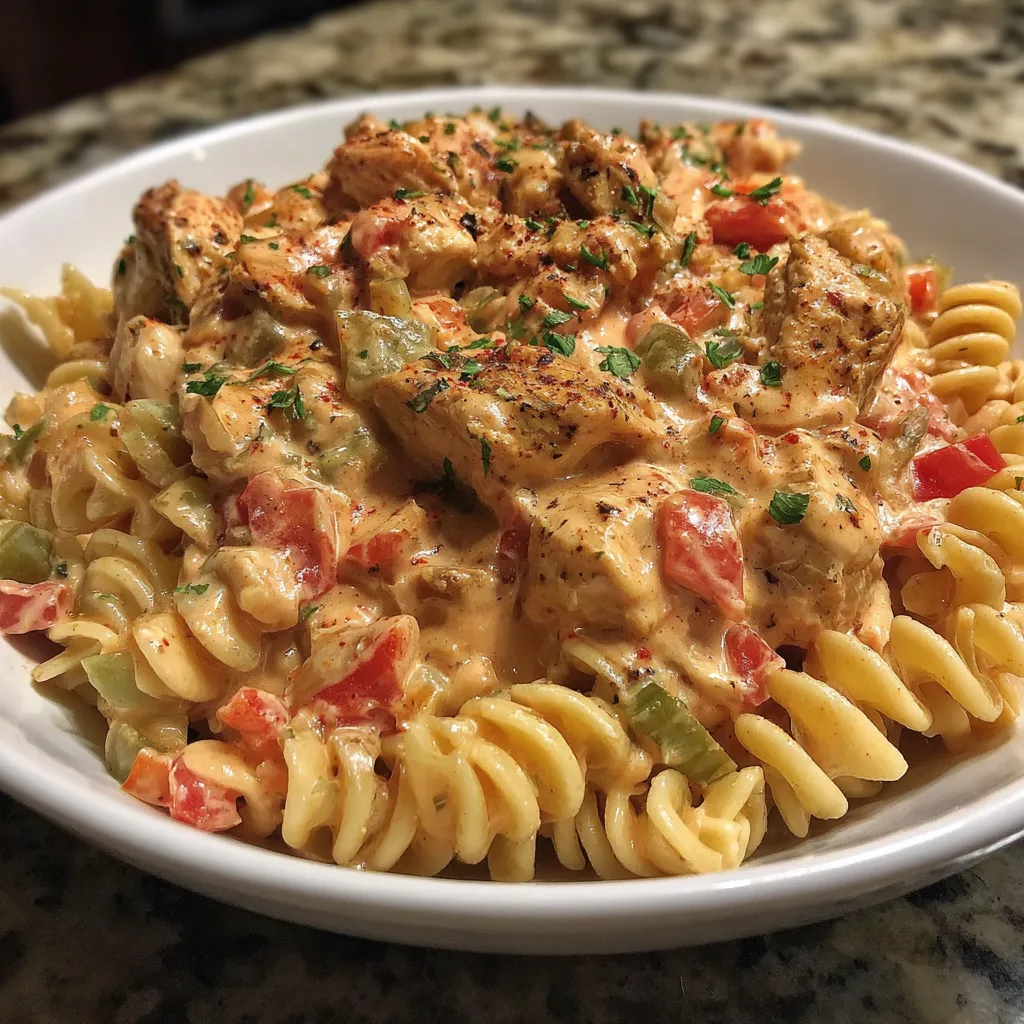 A plate of Rotel Chicken Pasta.