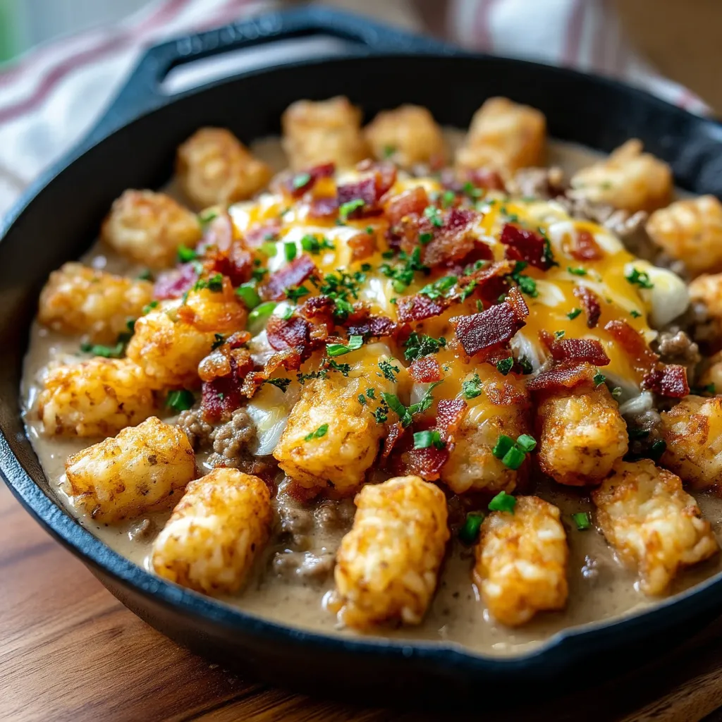 A close up of a sausage gravy tater tot casserole.