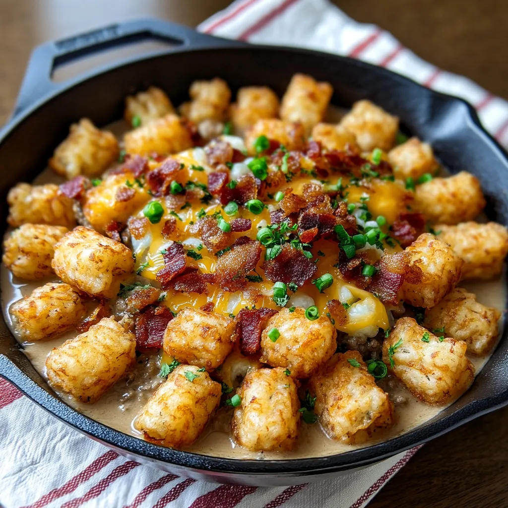 A dish of sausage gravy tater tots.