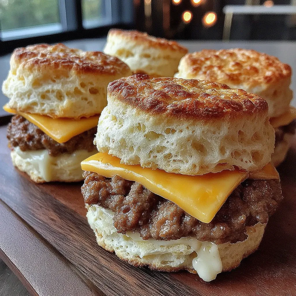 A plate of biscuits with sausage on top.