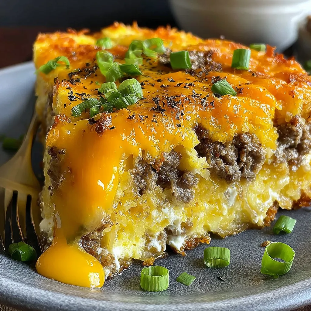 A slice of sausage, egg, and cream cheese casserole.