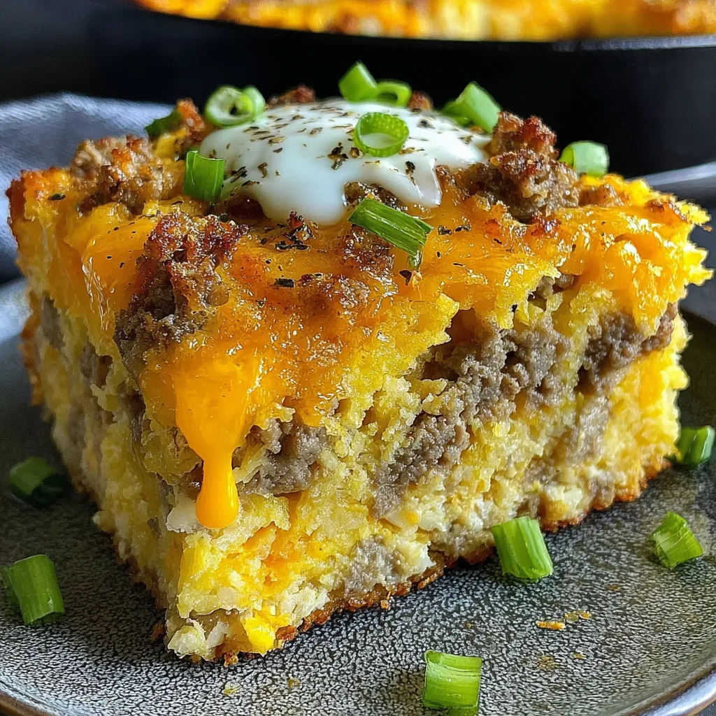 A slice of sausage, egg, and cream cheese casserole.