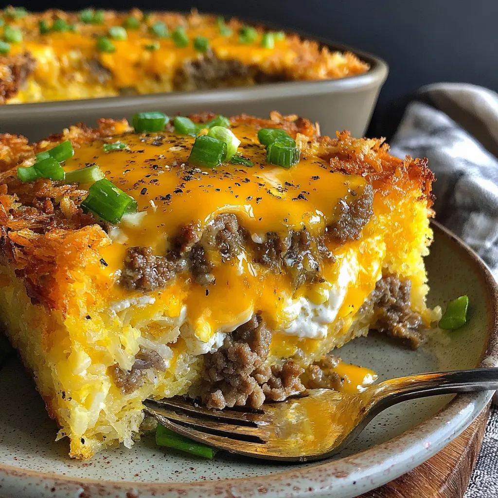 A slice of sausage, egg, cream cheese and casserole.