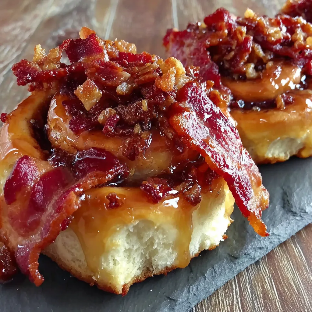 Two cinnamon rolls with bacon on top.