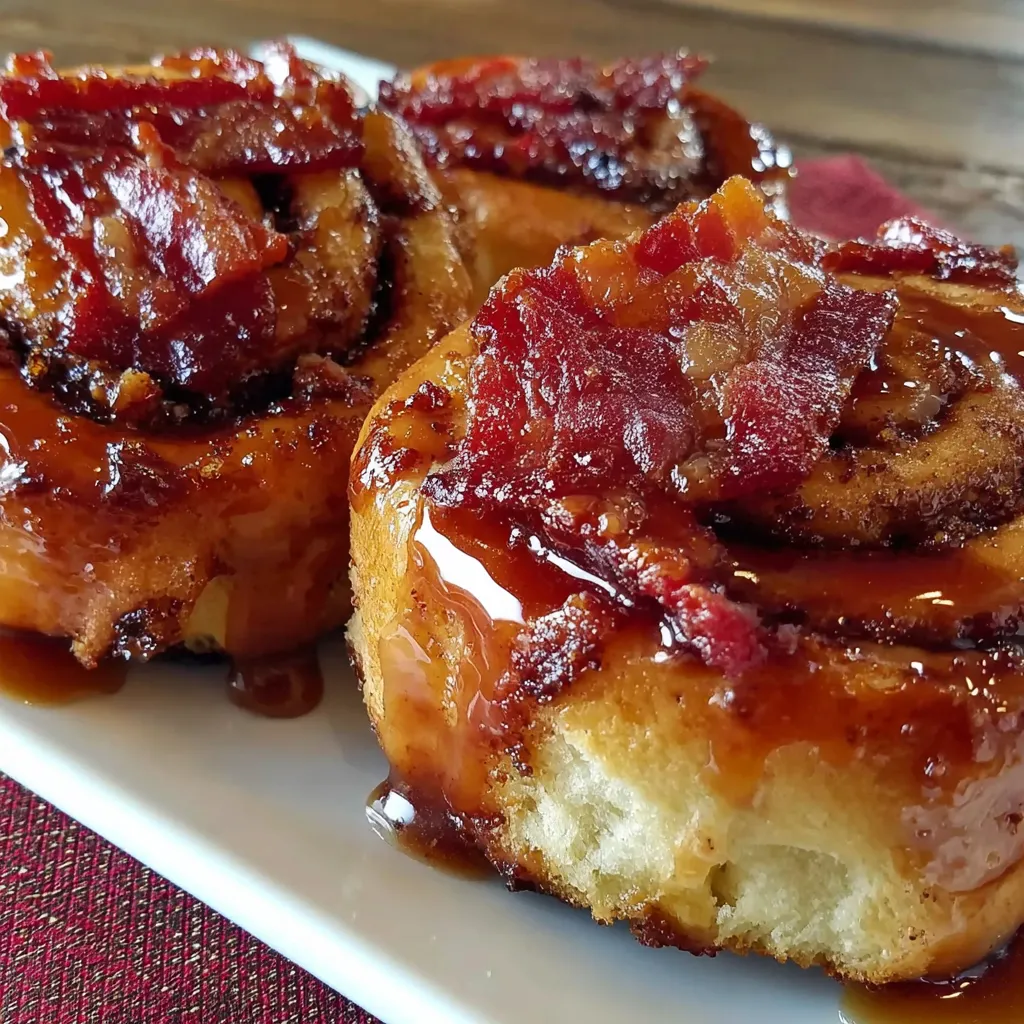 Two cinnamon rolls with bacon on top.
