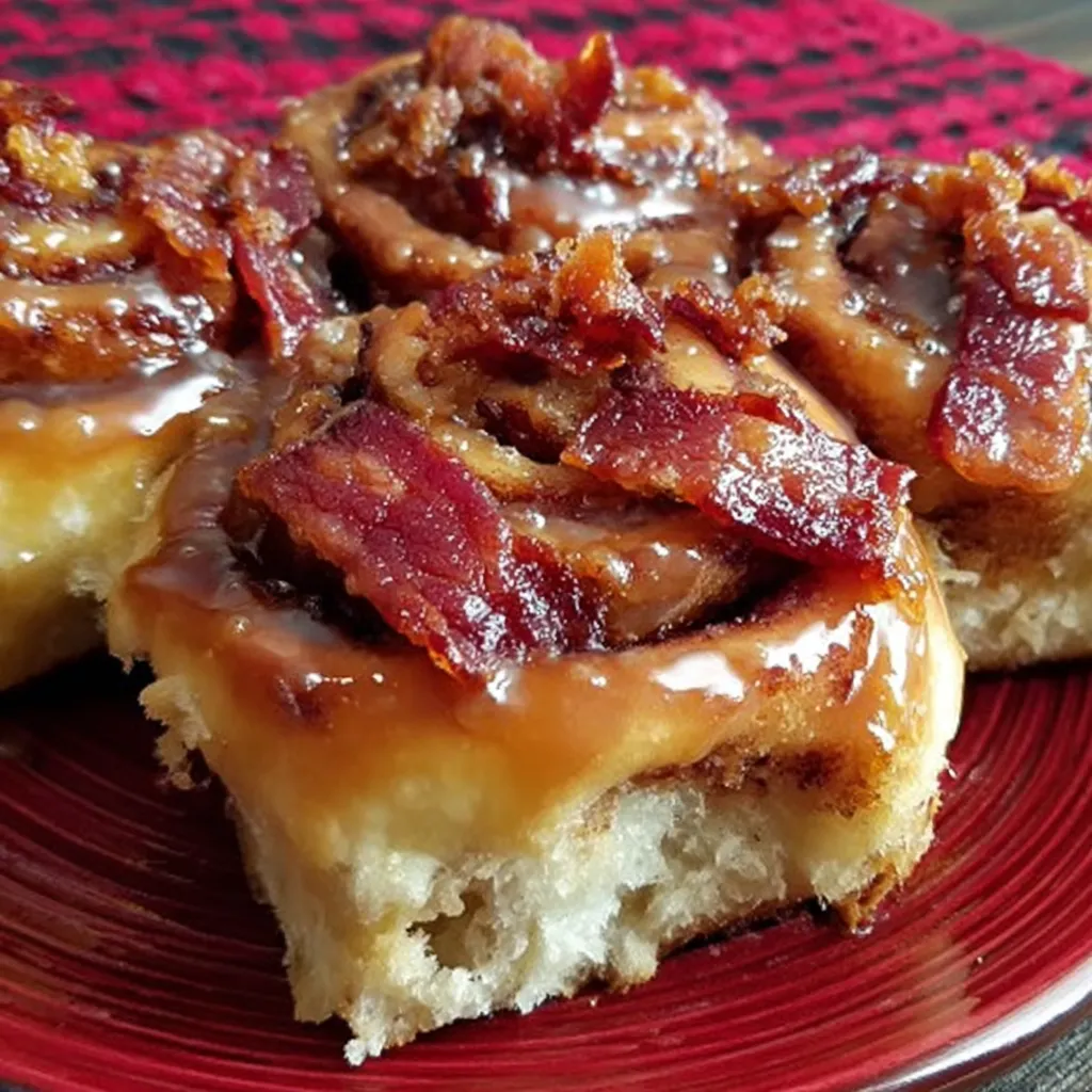 A plate of cinnamon rolls with bacon on top.