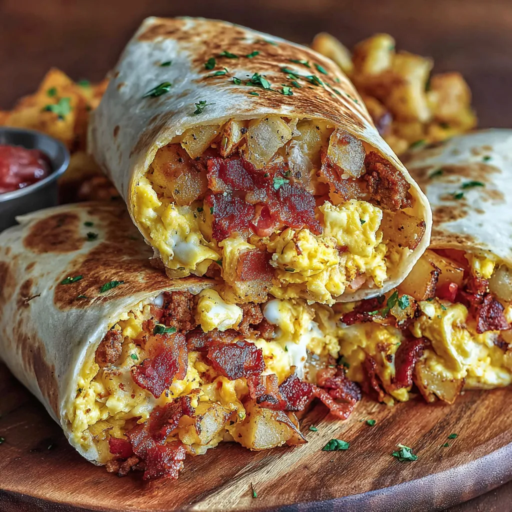 A breakfast burrito with bacon, egg, and cheese.