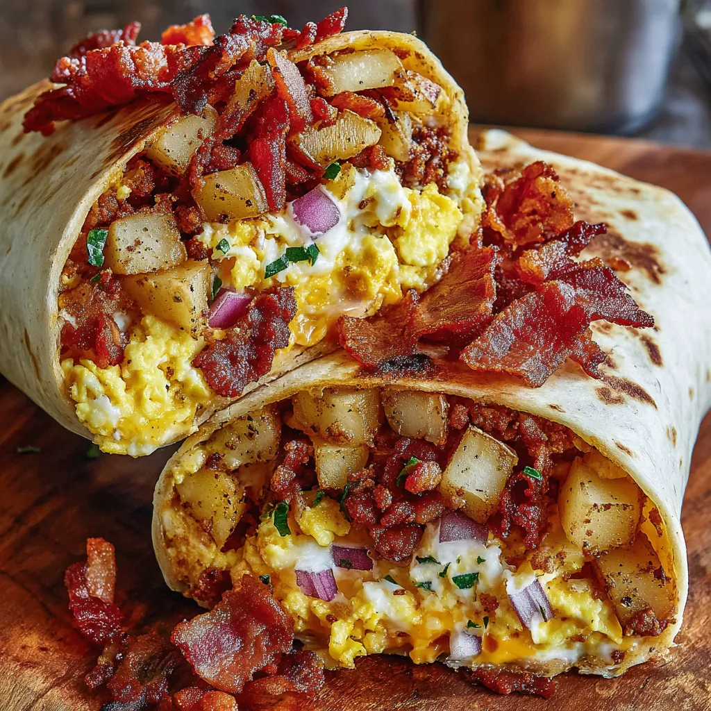 A breakfast burrito with bacon, eggs, and cheese.