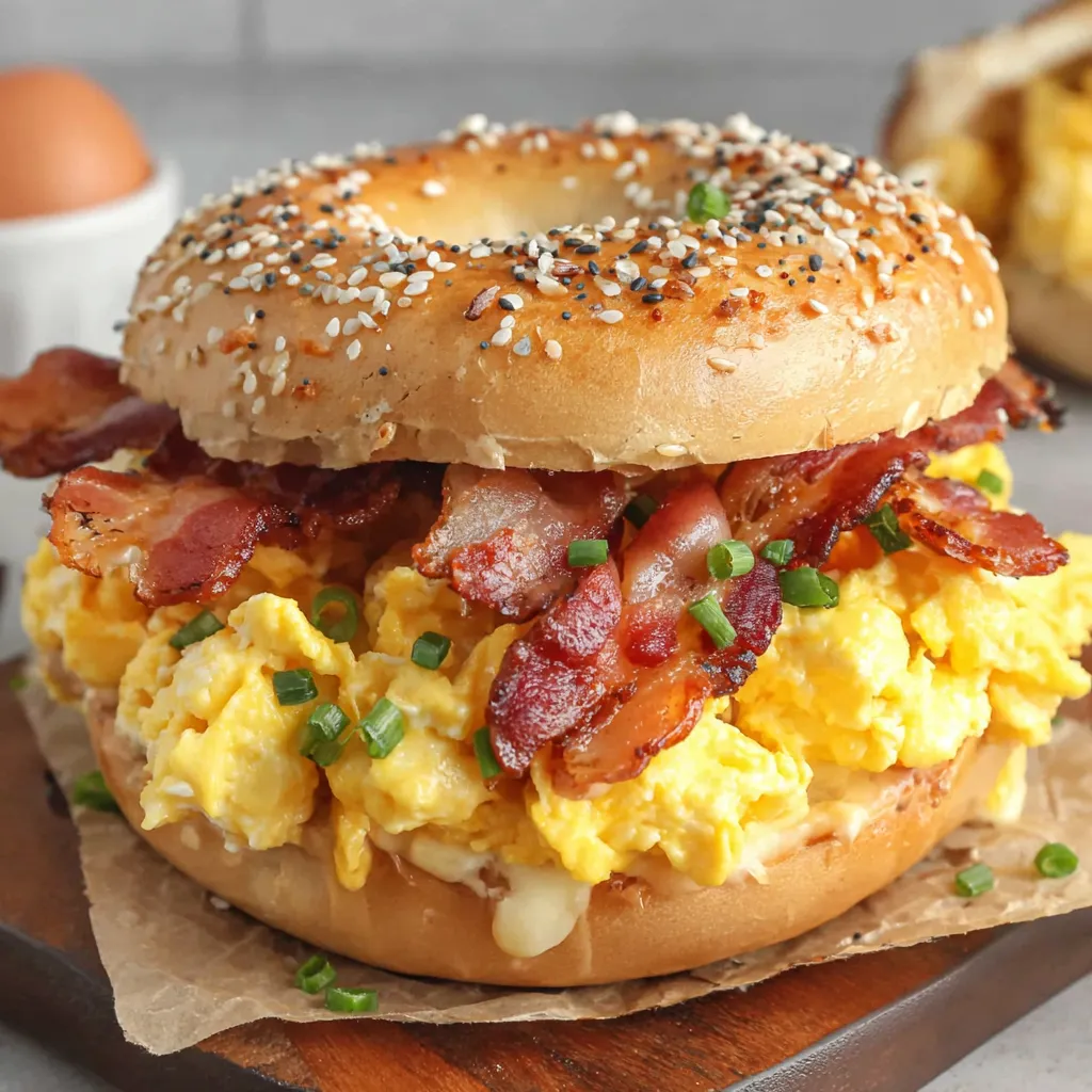 A breakfast bagel sandwich with bacon, eggs, and cheese.