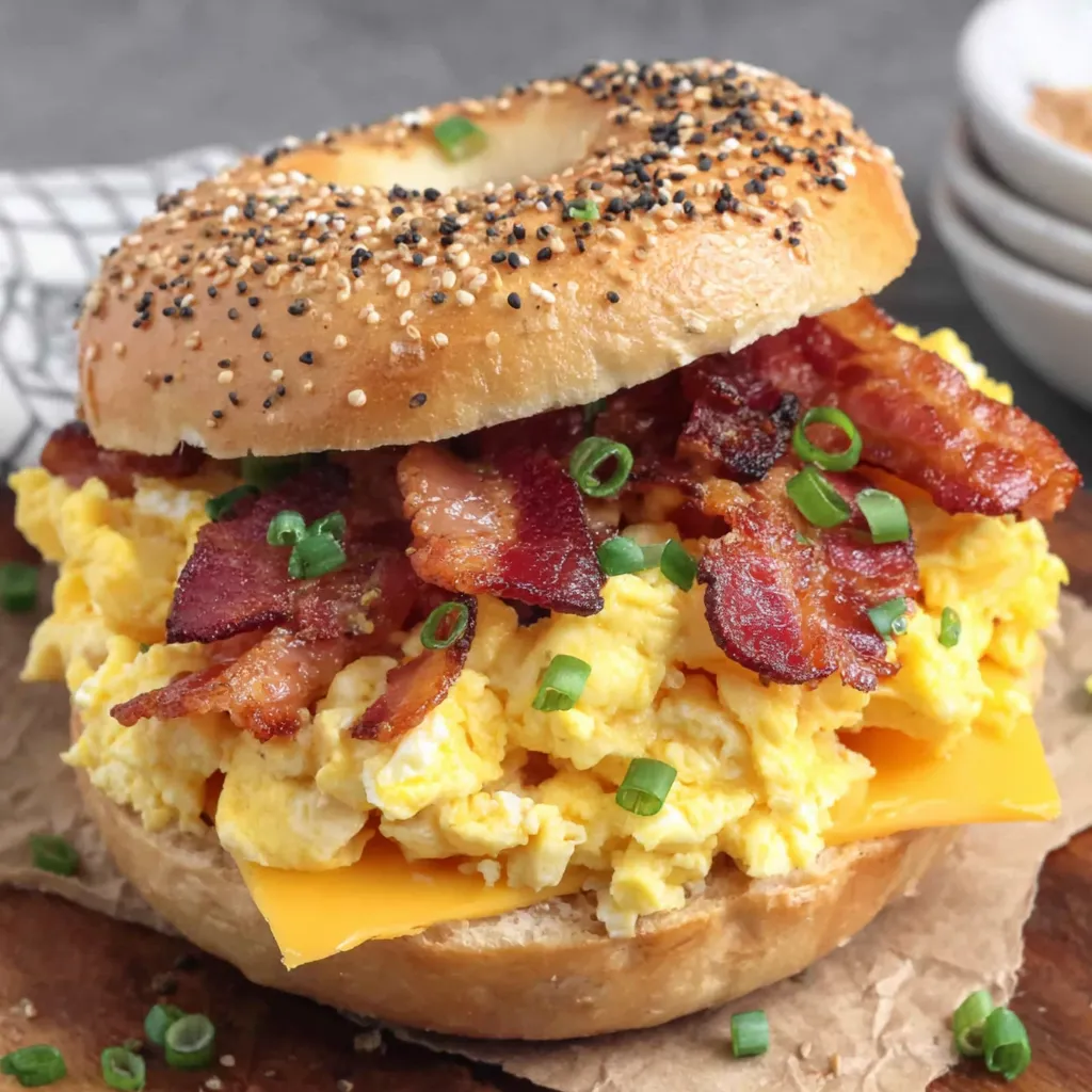 A breakfast bagel sandwich with bacon, cheese, and egg.