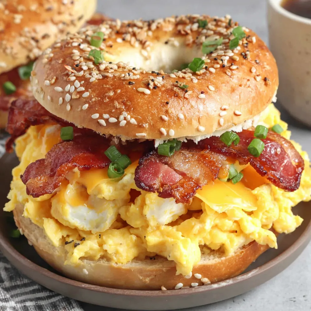 A breakfast bagel sandwich with bacon, eggs, and cheese.