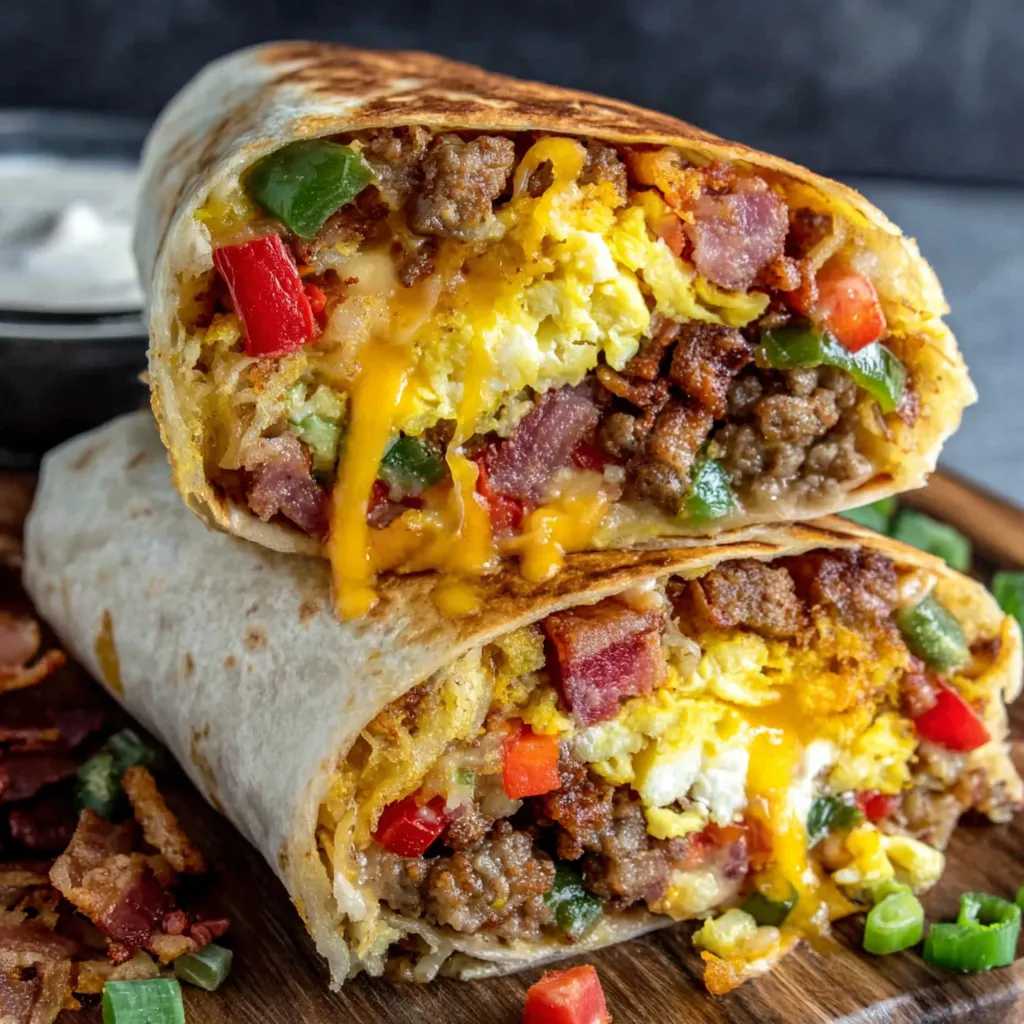 A burrito filled with eggs, cheese, and peppers.