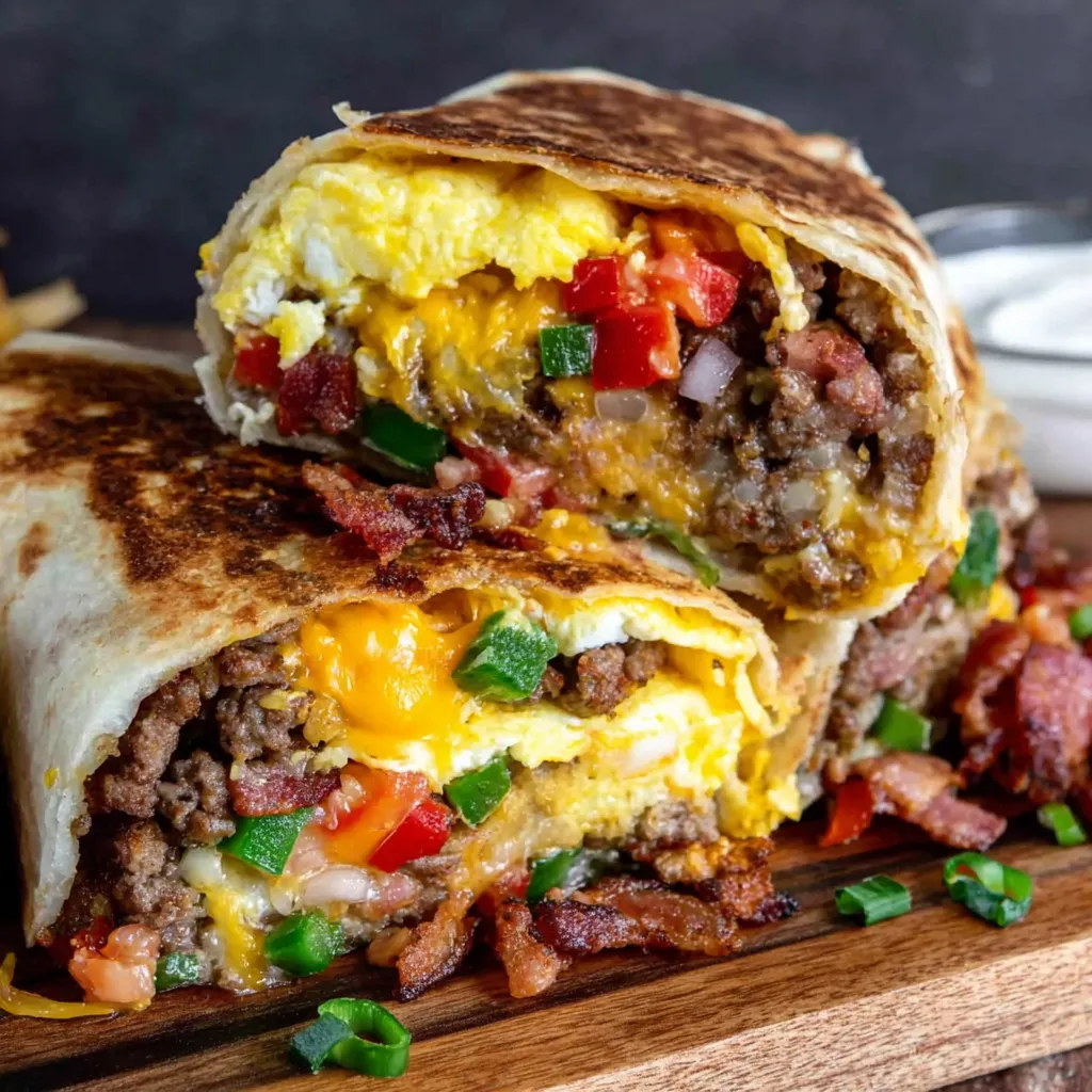 A burrito filled with eggs, bacon, and peppers.