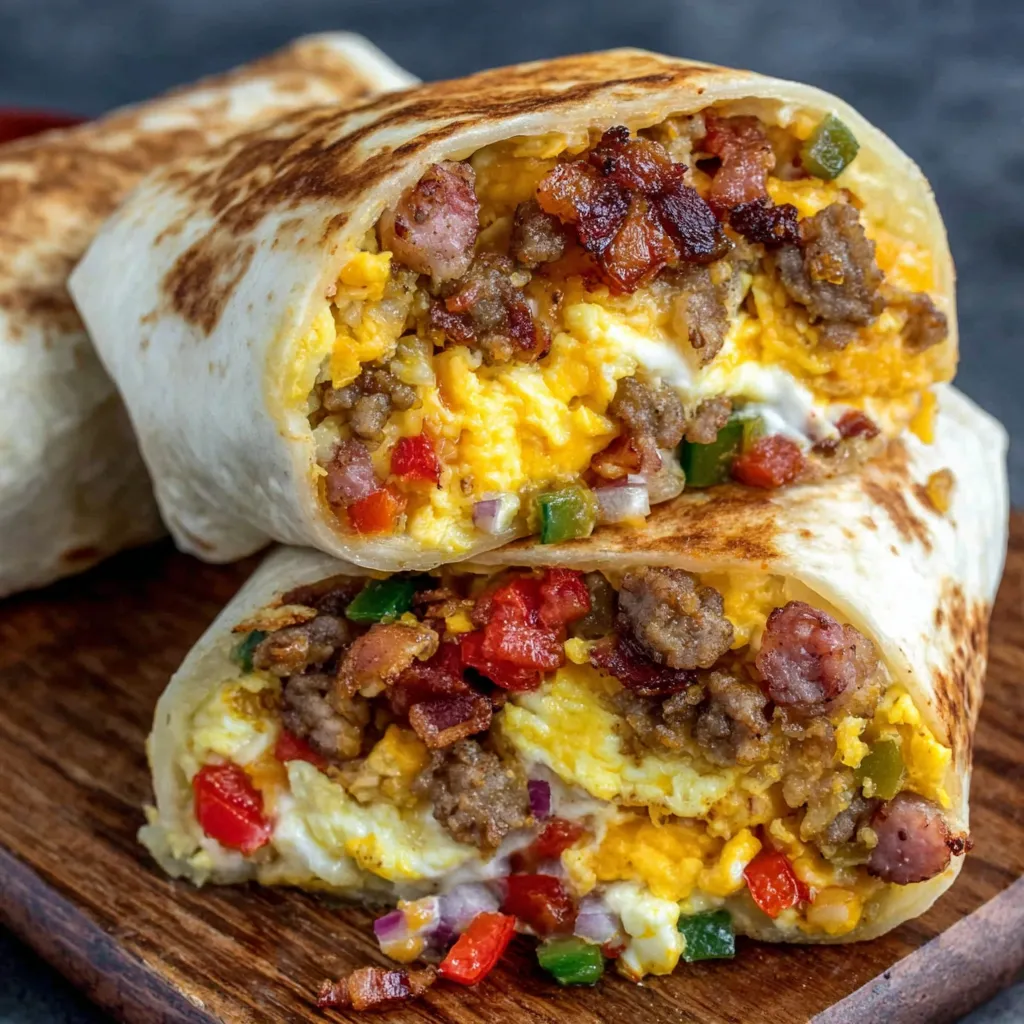 A burrito with meat, eggs, and peppers.