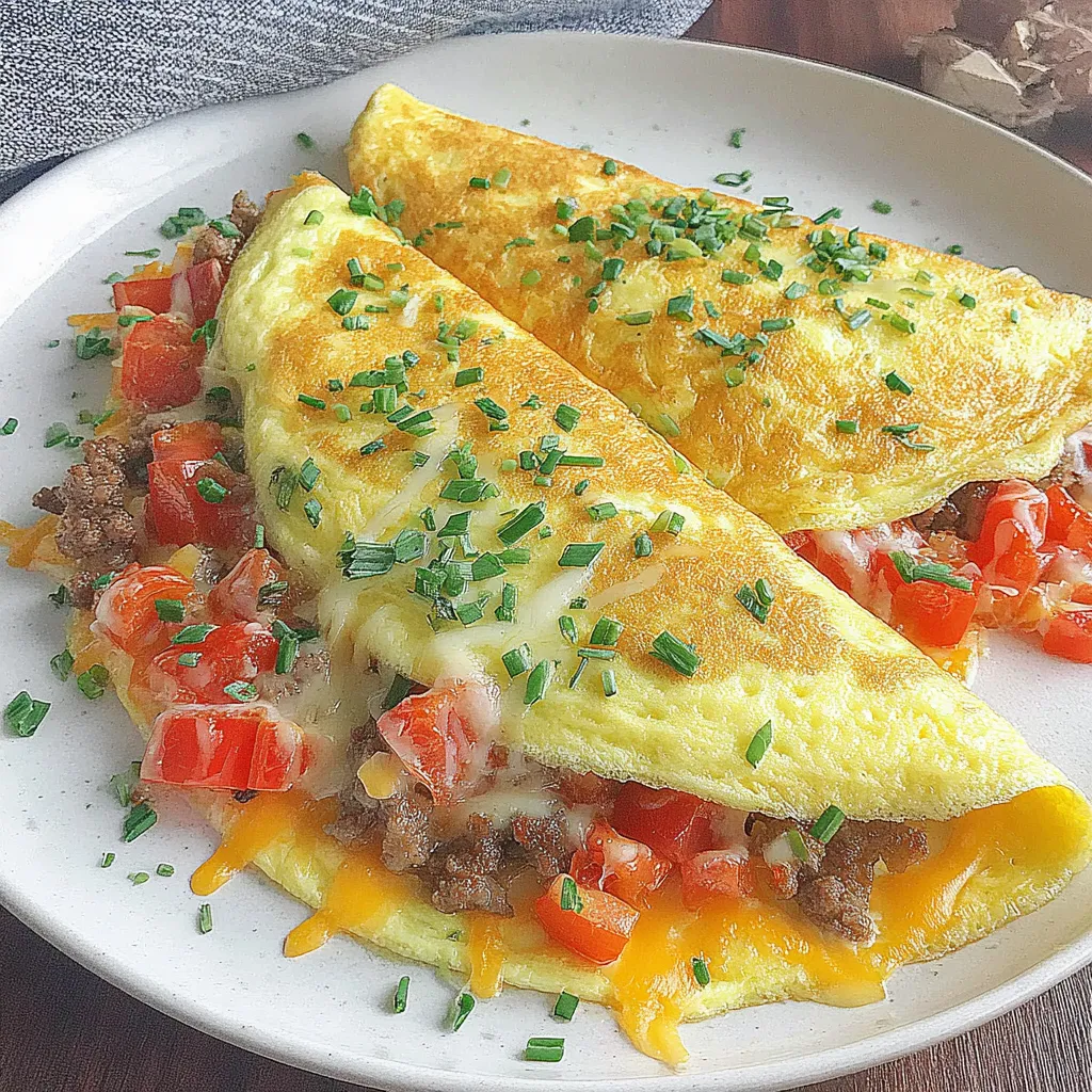 A plate of sausage, tomato and cheese omelet.