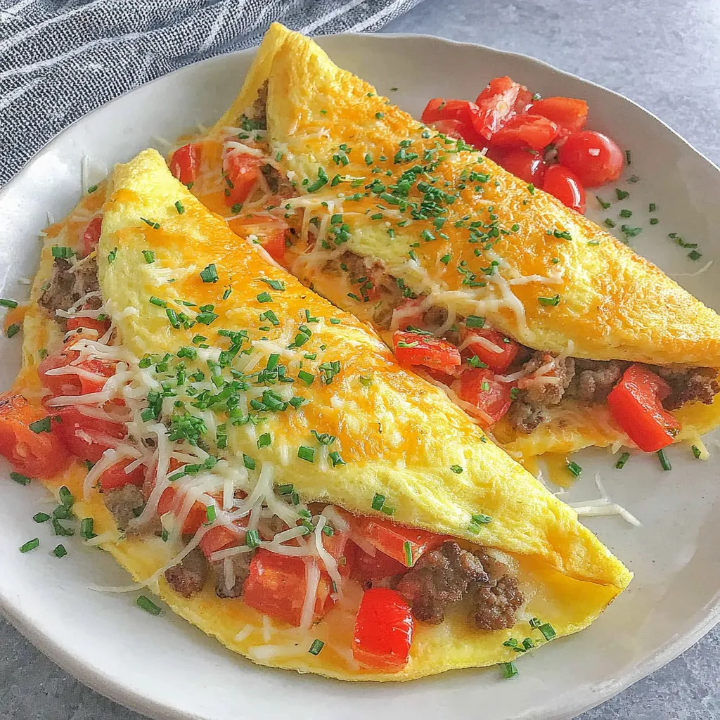 A plate of sausage, tomato, and cheese omelet.