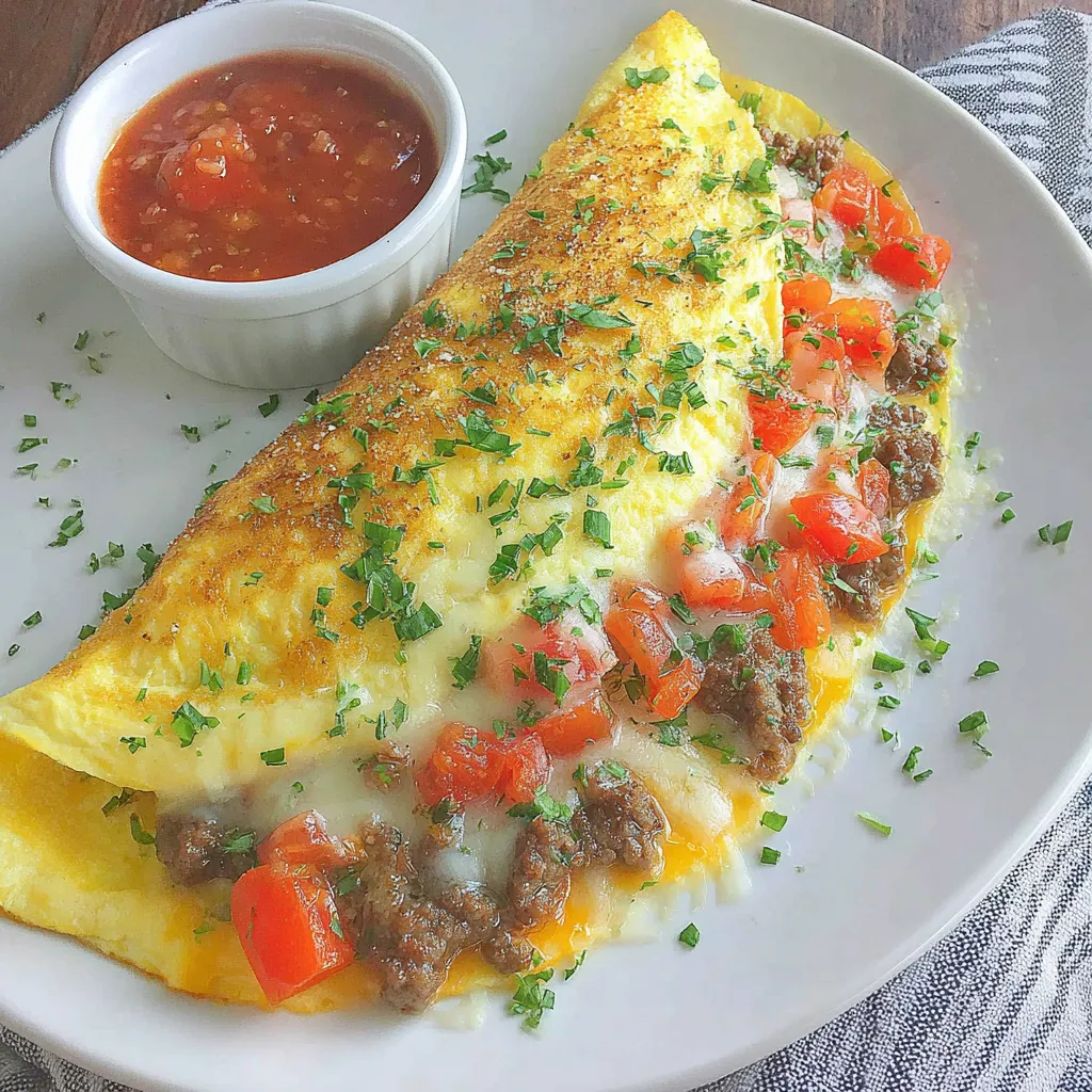 A sausage, tomato, and cheese omelet on a plate.