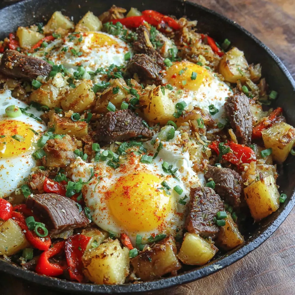 A delicious steak and potato breakfast hash.