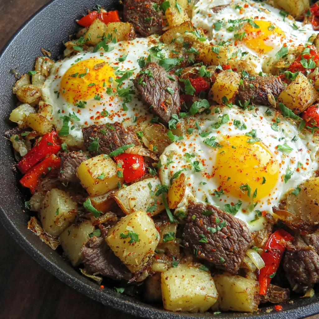 A breakfast hash with eggs, potatoes, and meat.