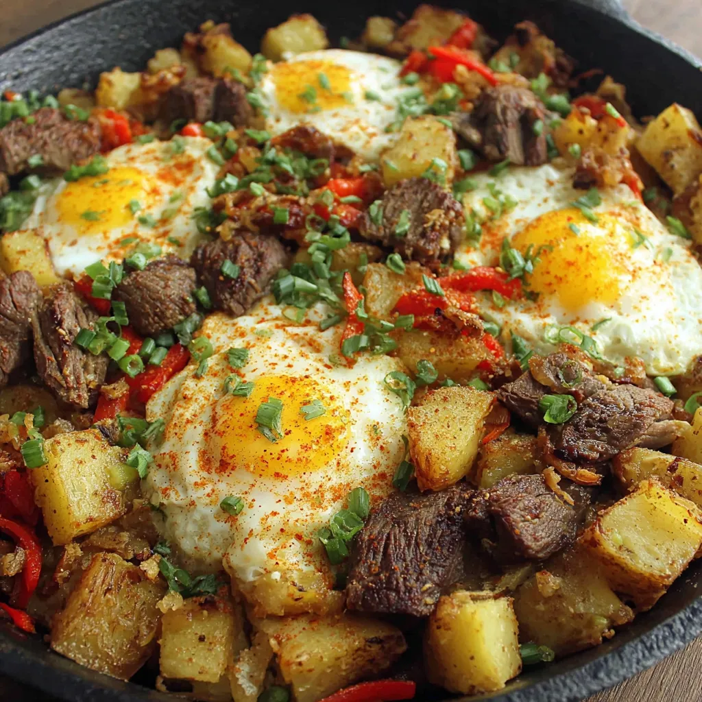 A delicious steak and potato breakfast hash.
