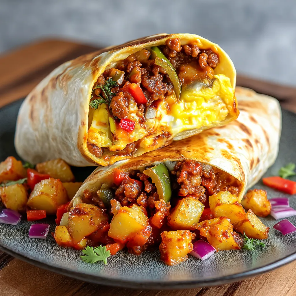 A chorizo breakfast burrito is served on a plate.