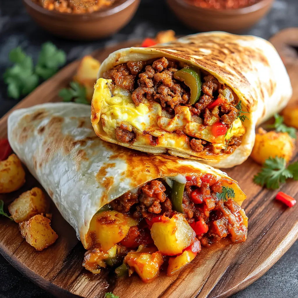 A chorizo breakfast burrito with a side of potatoes.