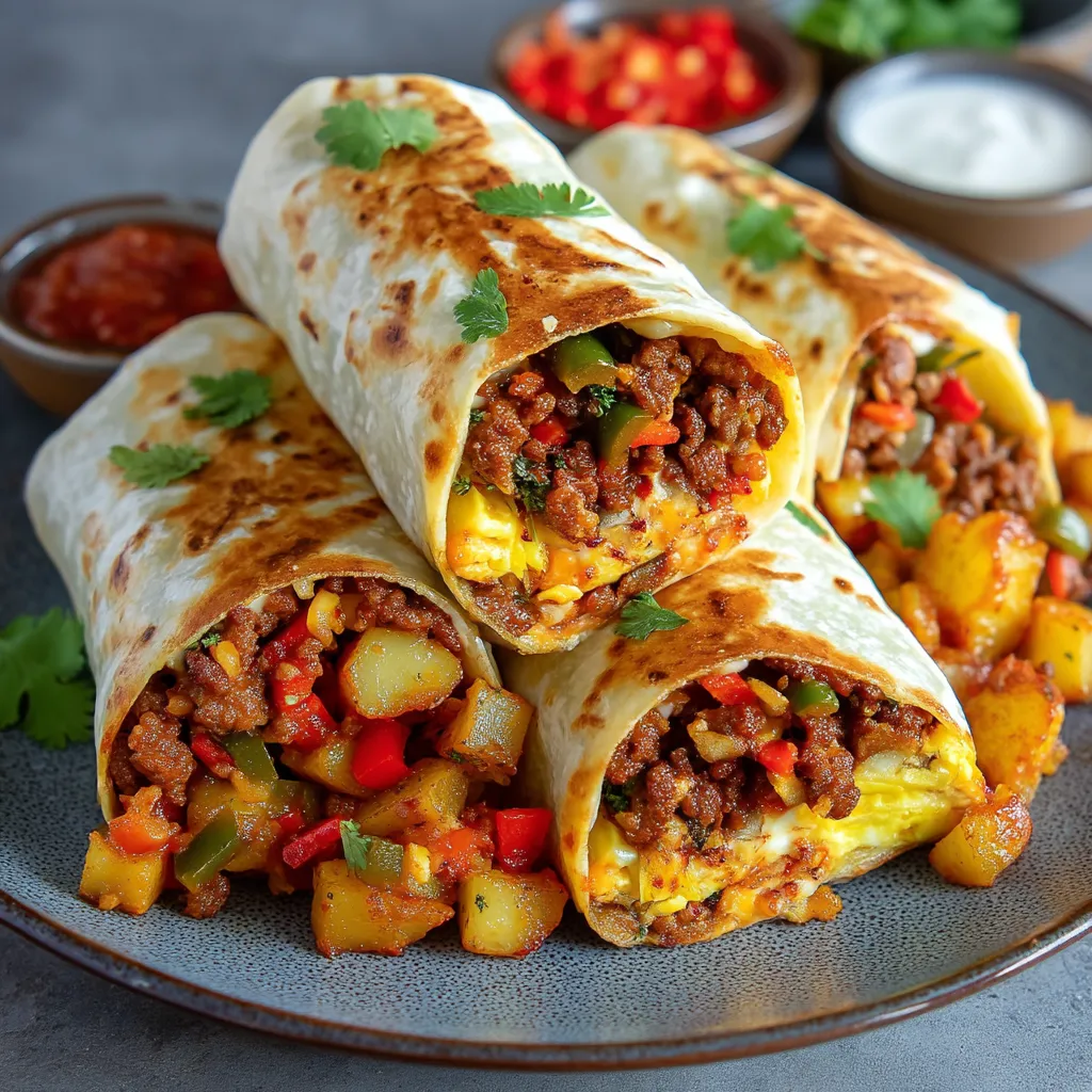 A chorizo breakfast burrito is served on a plate.