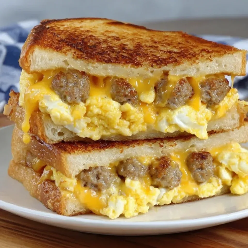 A grilled cheese sandwich with sausage and egg.