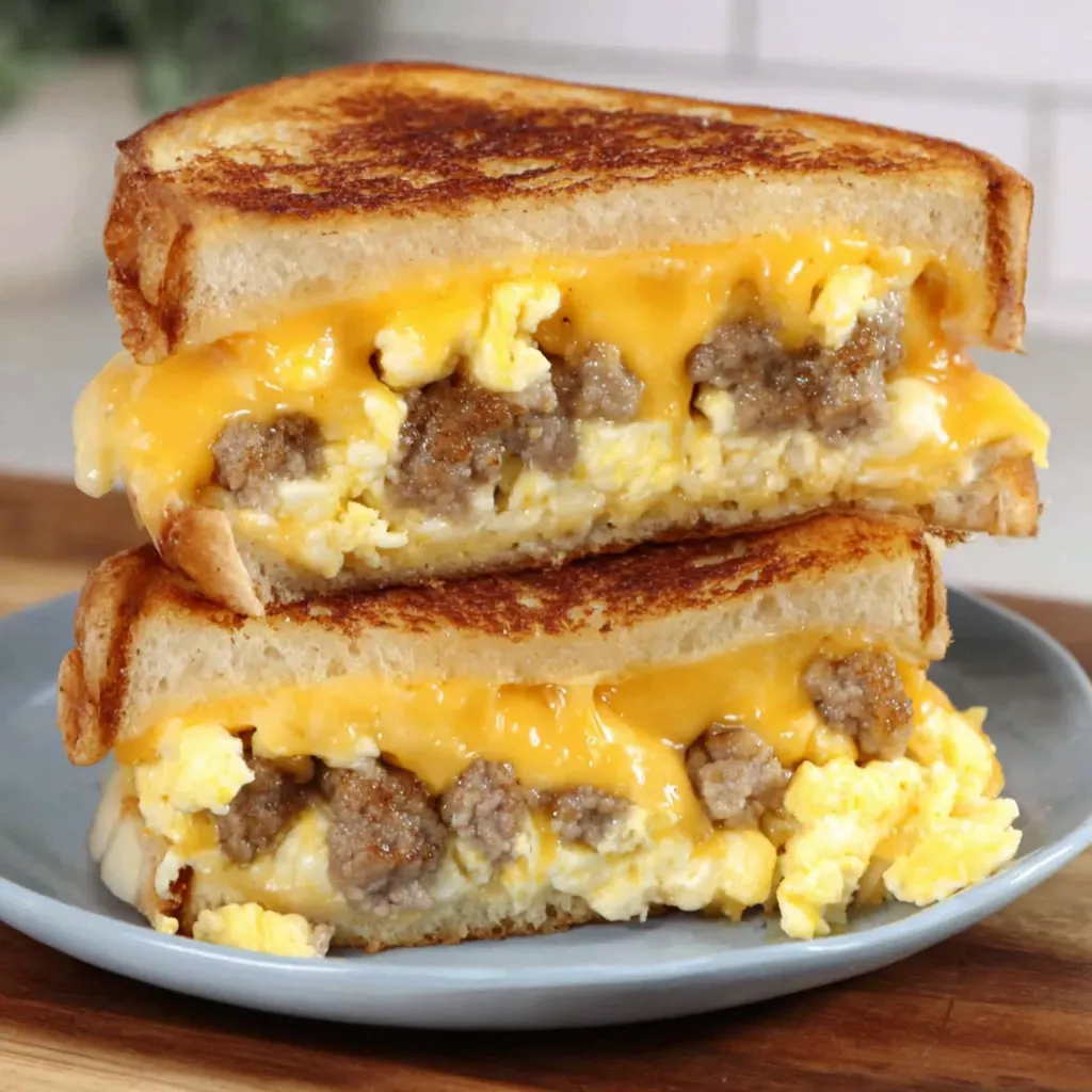 A breakfast sandwich with sausage and egg.