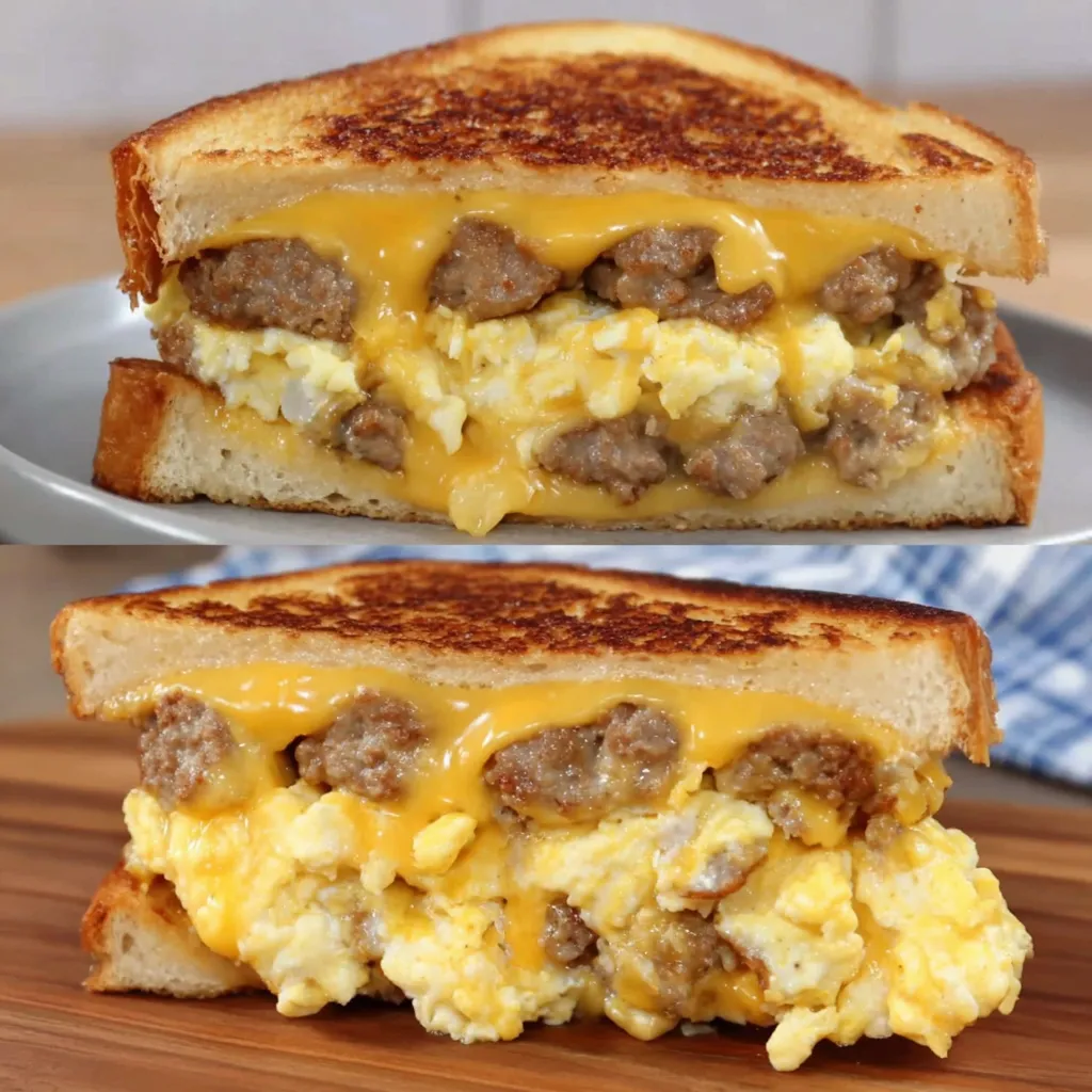 A breakfast sandwich with sausage and egg.