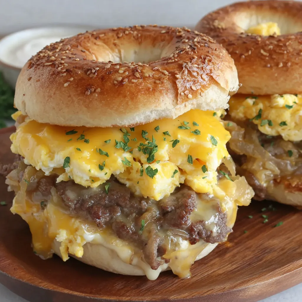 A sandwich with egg, cheese, and meat on a bun.