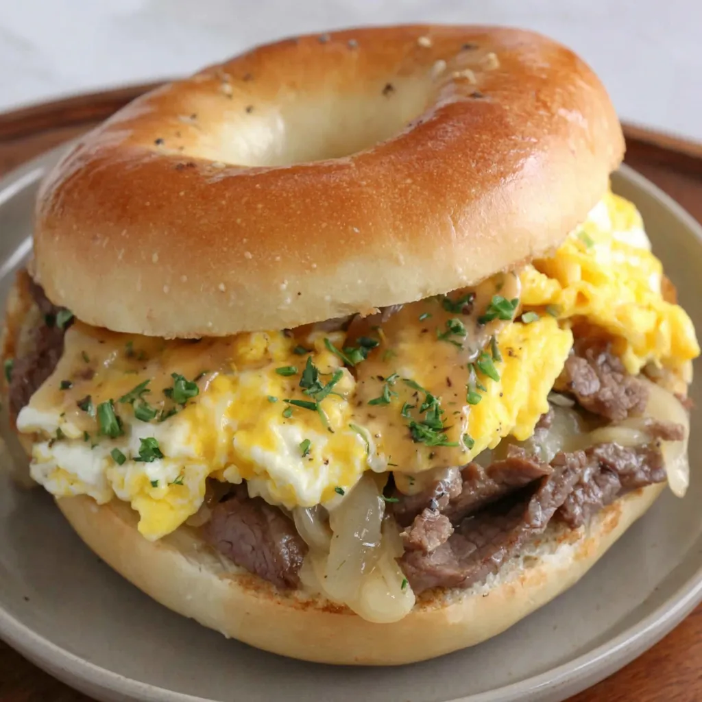 A sandwich with egg, cheese, and meat on a bun.