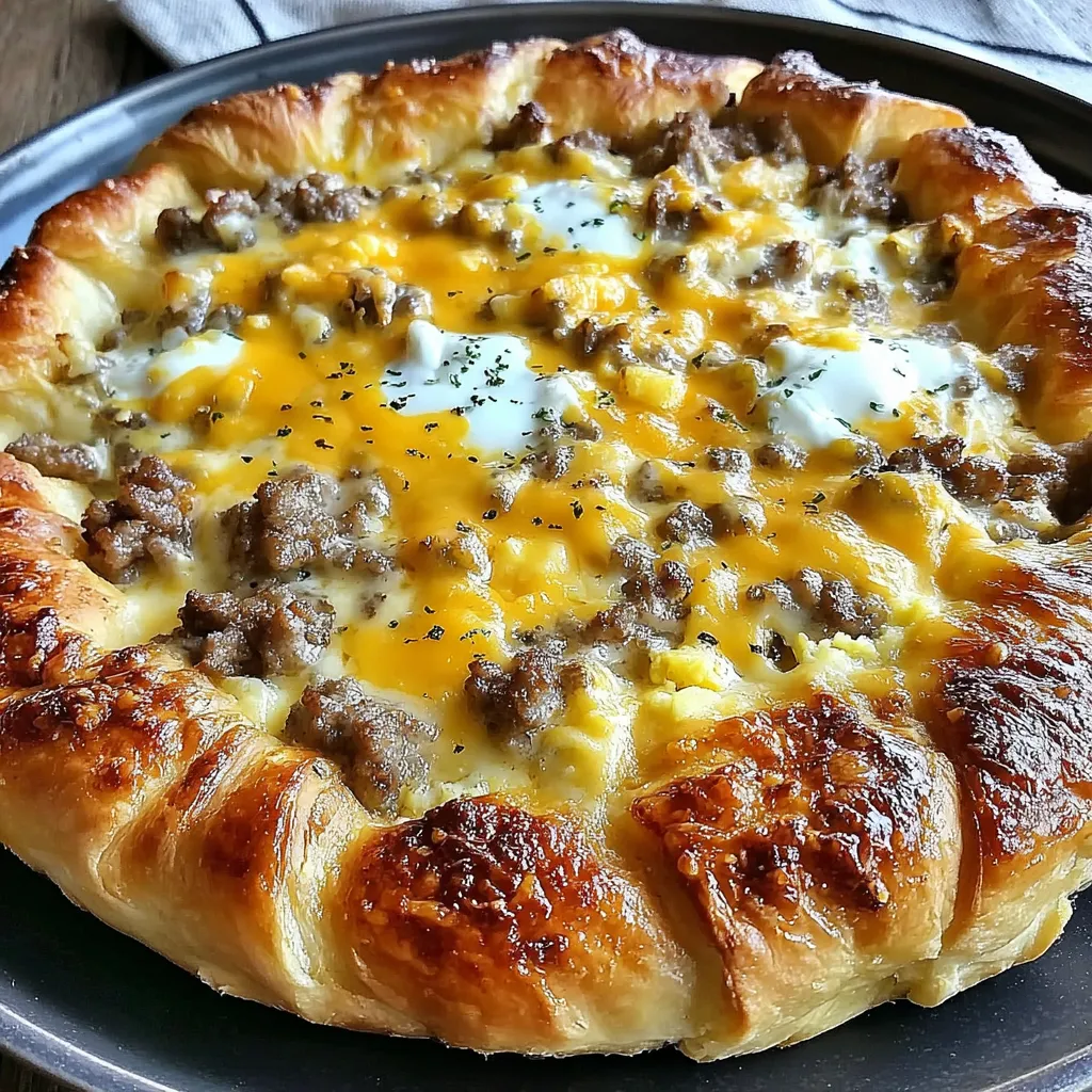 A sausage gravy breakfast pizza on a pan.