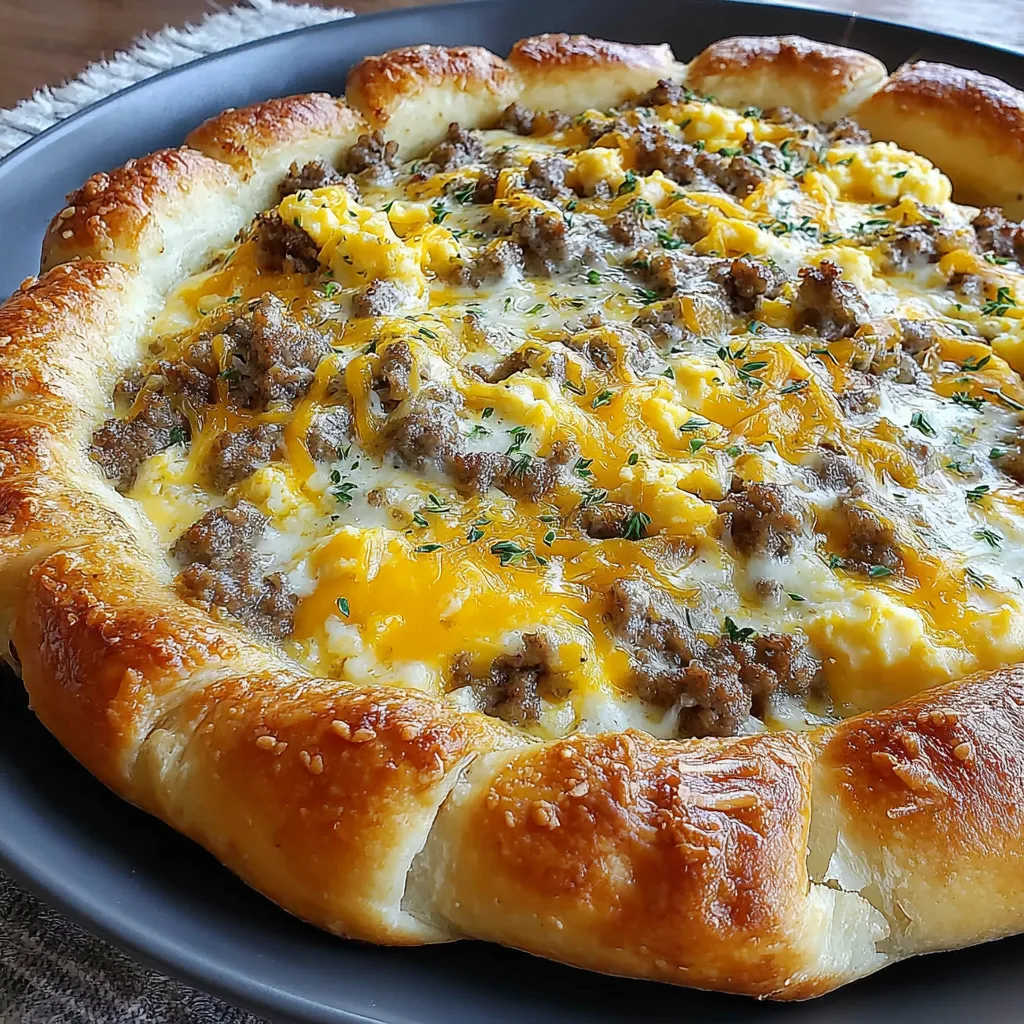 A sausage gravy breakfast pizza on a plate.