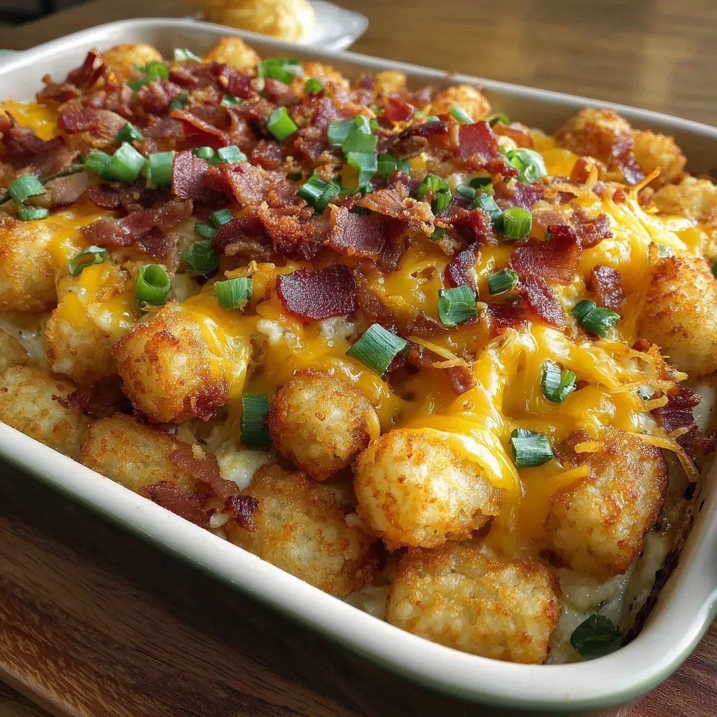 A dish of bacon, egg, and tater tot casserole.
