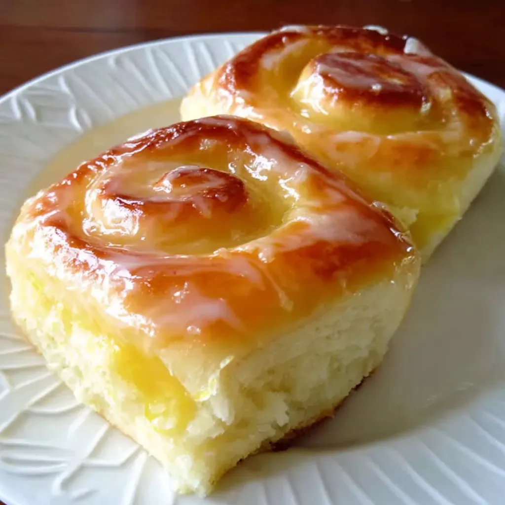 Two lemon sweet rolls on a plate.