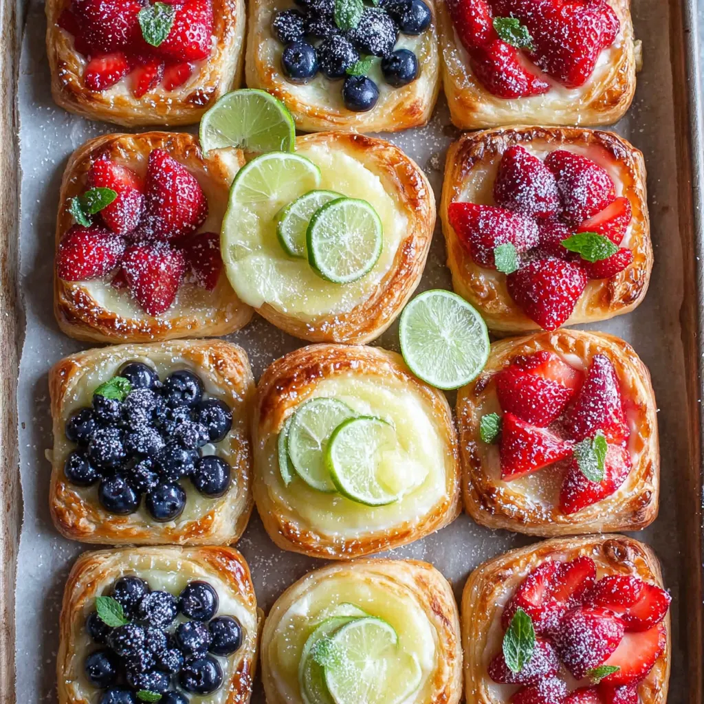 A tray of fruit danishes with strawberries, blueberries, and limes.