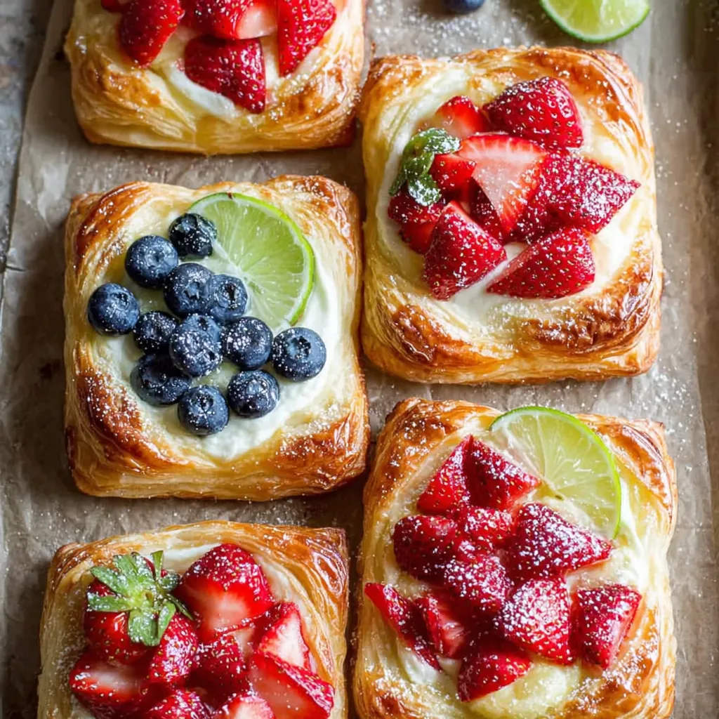 A plate of strawberry and blueberry danishes.
