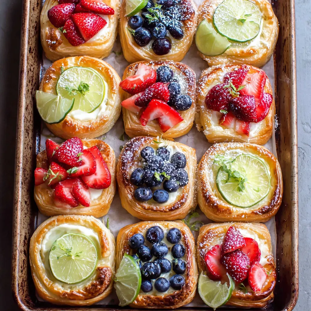 A tray of fruit danishes with strawberries, blueberries, and limes.