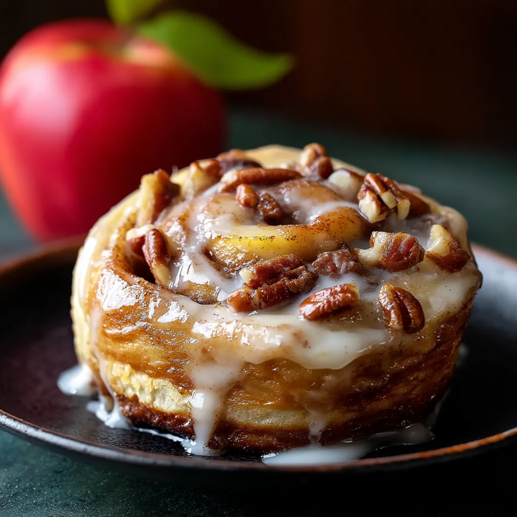 A plate with a cinnamon roll and an apple.