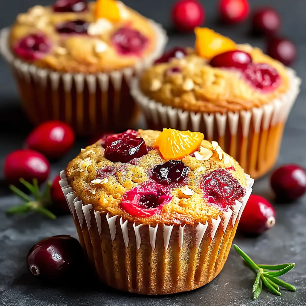 Three muffins with orange and cranberry toppings.