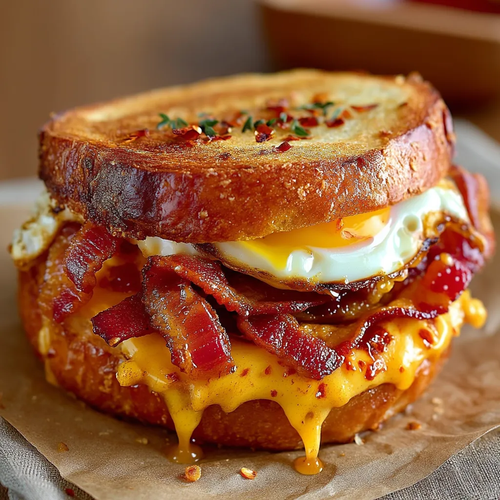 A sandwich with bacon and egg on top.
