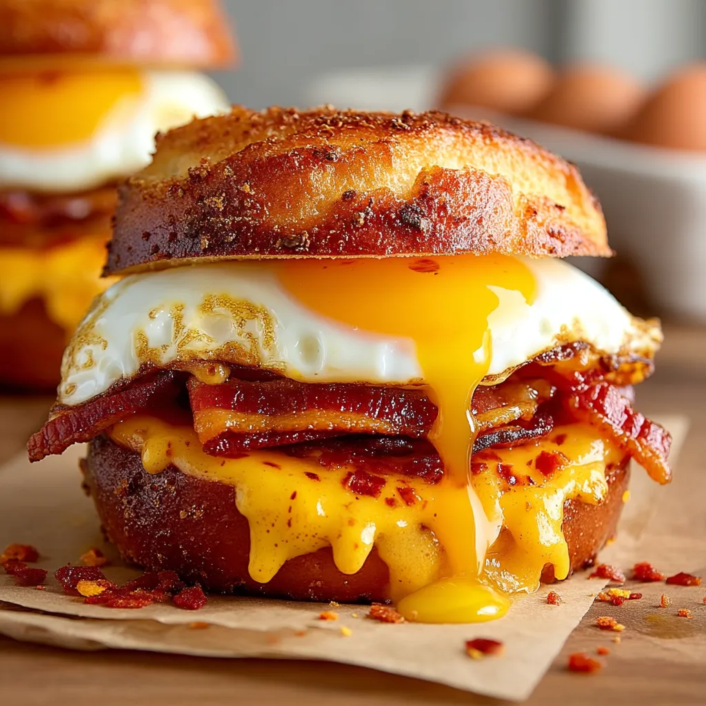 A breakfast sandwich with egg, bacon, and cheese.