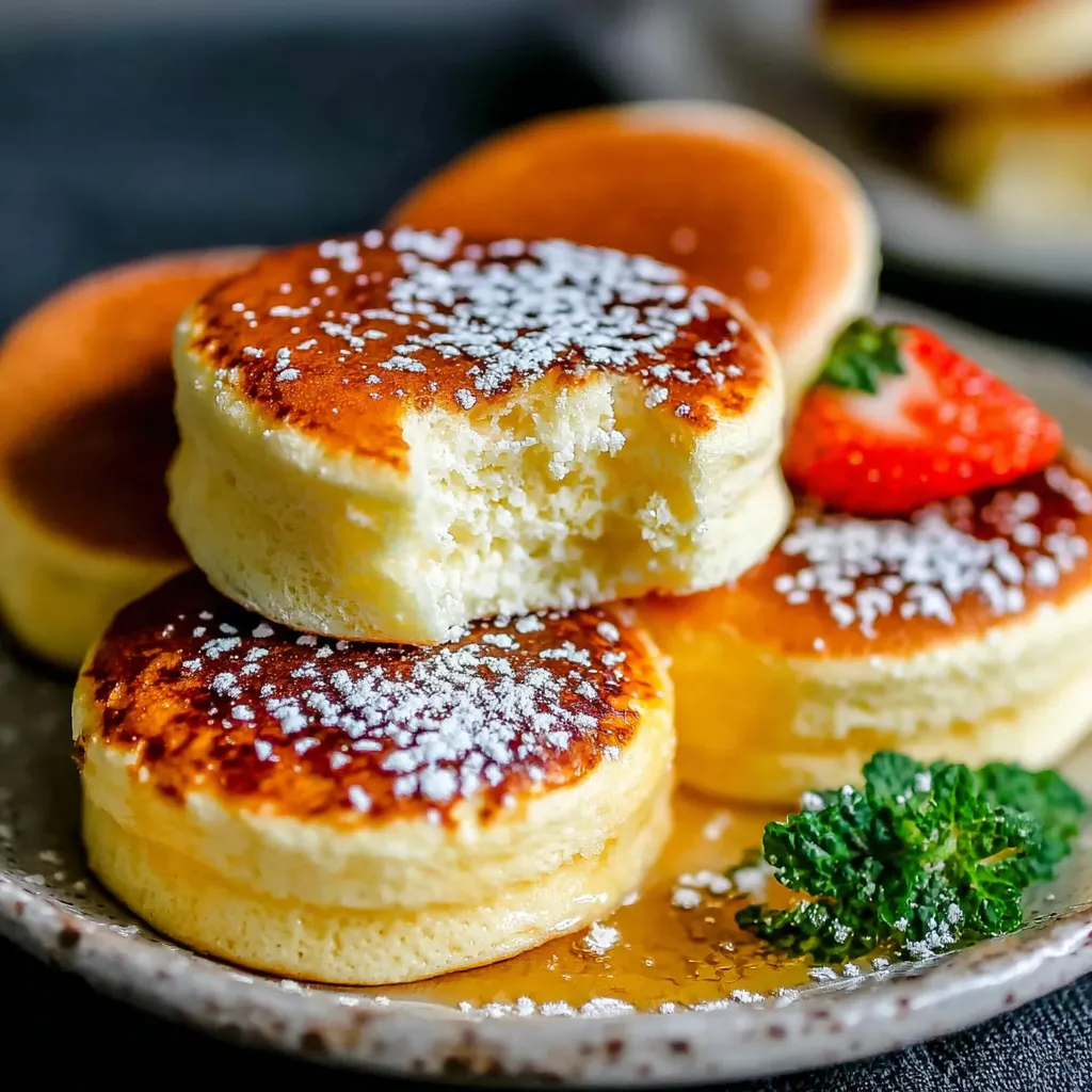 Japanese Souffle Pancakes with Strawberries and Powdered Sugar.
