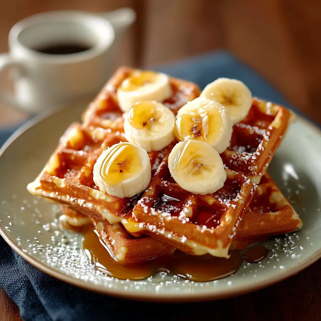A plate of banana waffles with syrup.