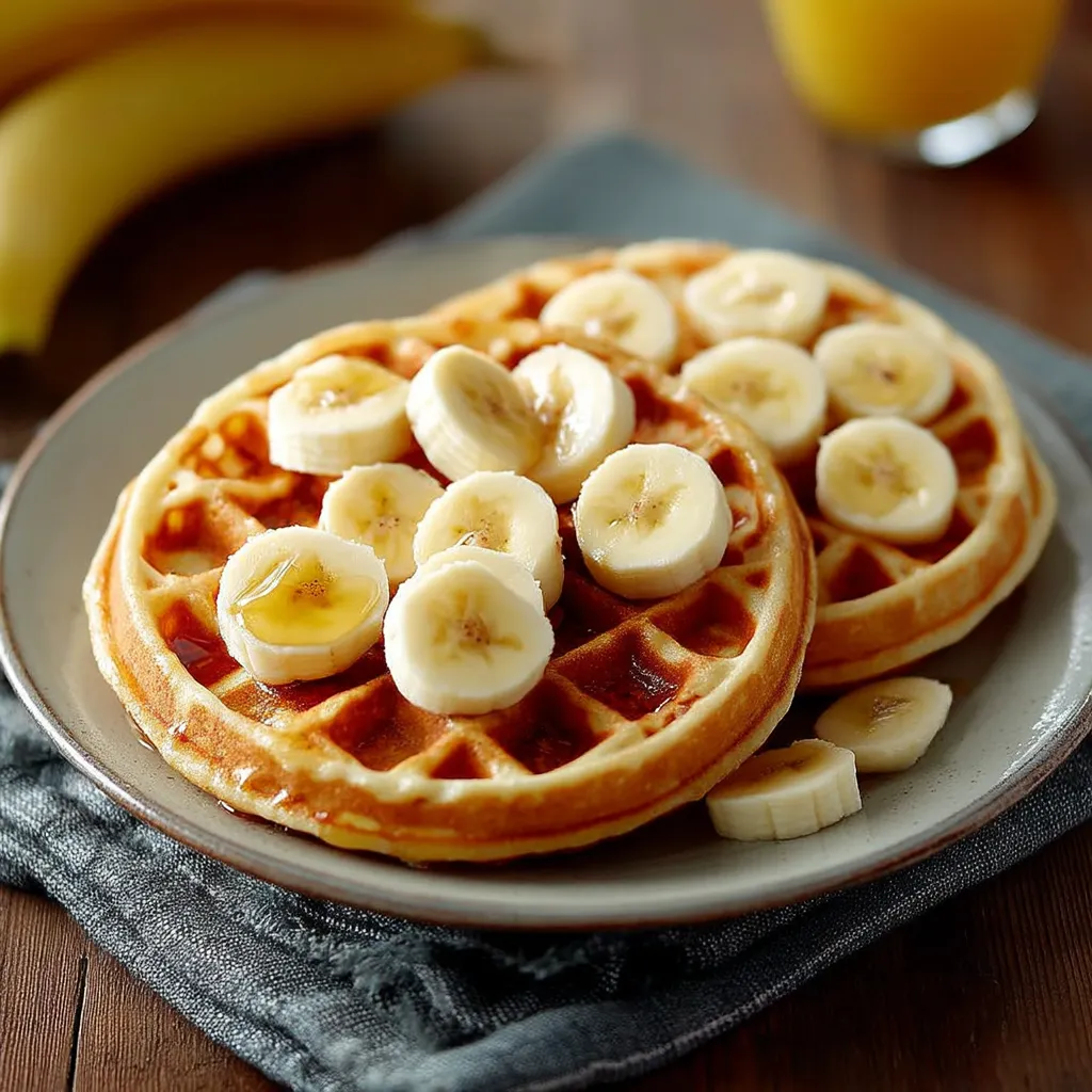 A plate of waffles with bananas on top.