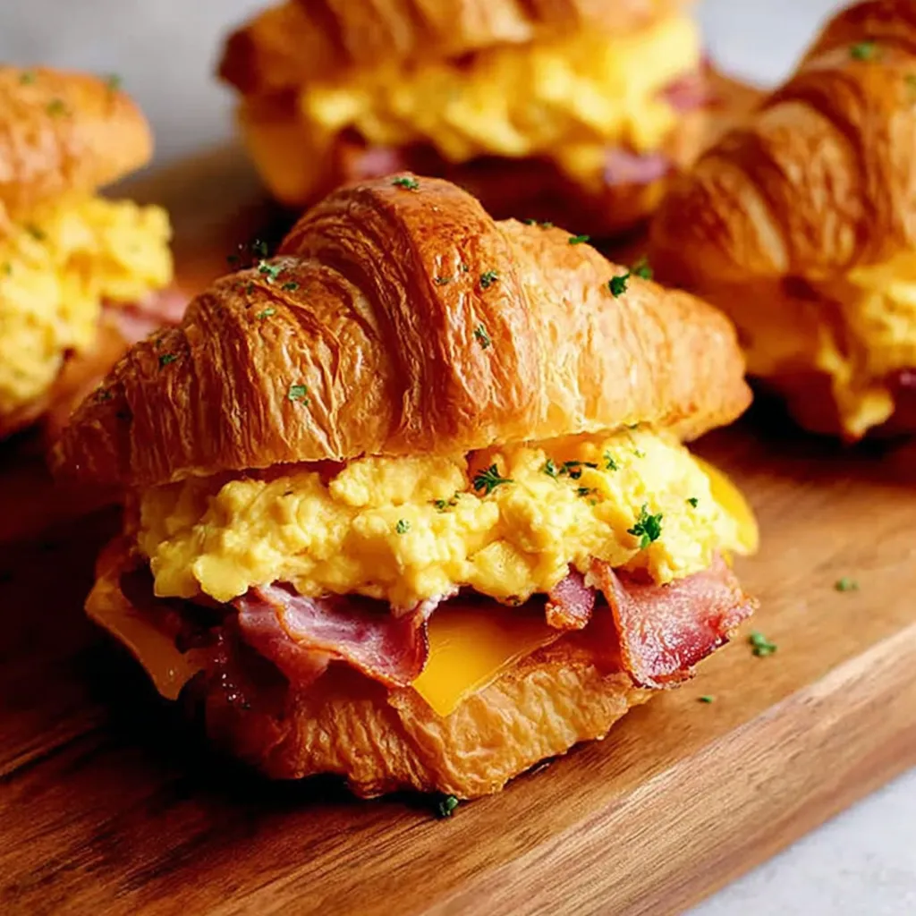 A croissant breakfast sandwich with egg and bacon.