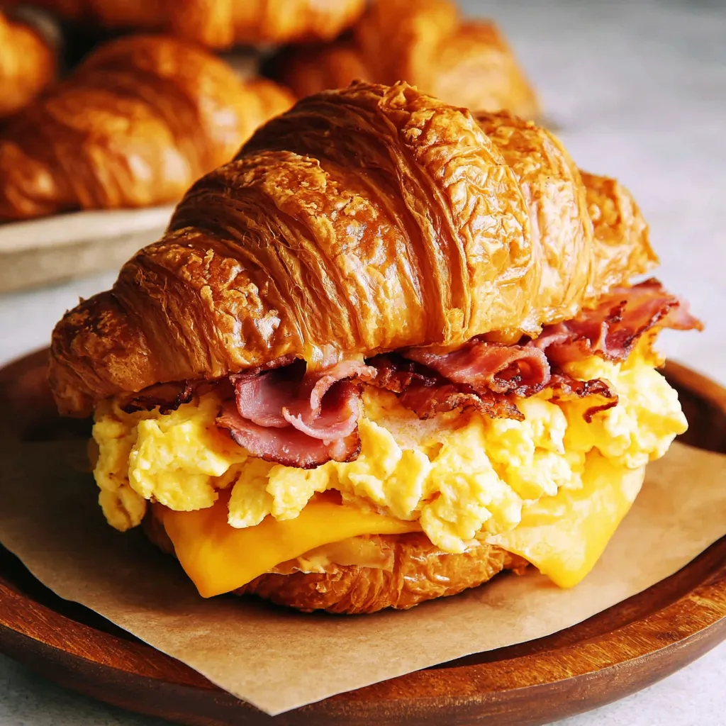A croissant breakfast sandwich with eggs and bacon.